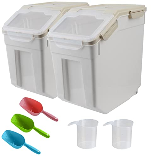 Uotyle 2Pcs 10KG Plastic Food Storage Container Box with Lid & Wheels – Large Airtight Pet & Kitchen Organizer Bin for Dog & Cat Food, Flour, Cereal, Nuts, Beans, Includes Measuring Cup & Scoop (Grey)