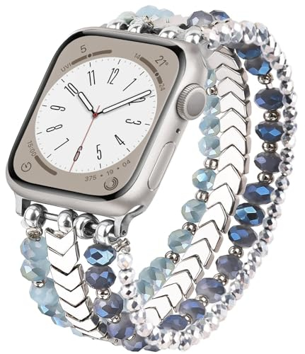 VISOOM Perlen Armbänder Kompatibel mit Apple Watch 46mm/42mm/44mm/45mm/49mm Glitzer Schmuck Armband iWatch Ersatzarmband Frauen Damen für Series SE/10/9/8/7/SE/6/5/4/3/2/1- Blau Silber