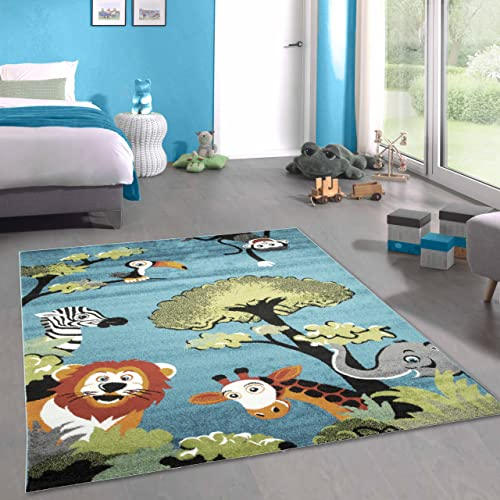 CARPETIA Waldtier-Teppich in Blau • Das perfekte Accessoire für EIN tierisch schönes Kinderzimmer, 120 x 170 cm