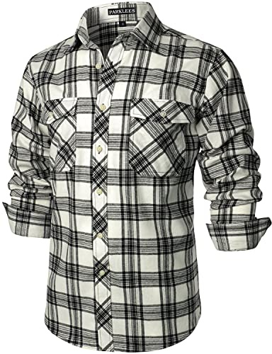 PARKLEES Chemise décontractée pour homme - Coupe droite - Boutonnée - Carreaux - En flanelle - Avec poches