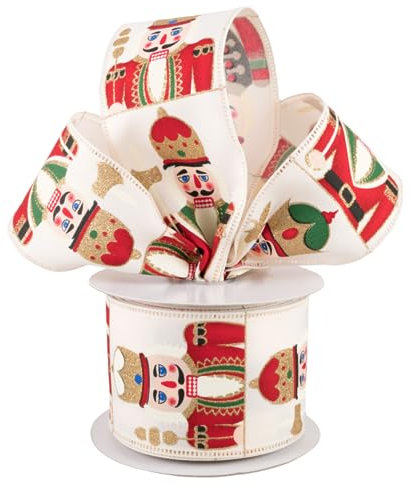 2.5 Wired Nutcracker Christmas Soldier Ribbon for Holiday Trees, Wreaths, Garlands, Gifts, Bows, and Crafts in Multi-Color, Cream, Ivory, Red, Gold, Blue, Green, Black (10 Yards)