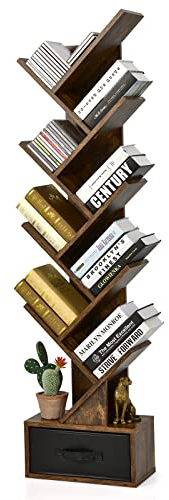 GOPLUS Bücherregal in Baumform, 10-stöckiges Standregal mit Schublade, Lagerregal Raumteiler Regal CD und DVD Regal für Wohnzimmer, Büro, Schlafzimmer, 38 x 20 x 149,5 cm (Braun)