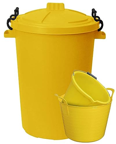(Set of 3) 50L Litre Heavy Duty Clip Lock Lid Rubbish Bin, Dustbin /3 Gallon 14 Litre Plasters Builder Bucket and 20 Litre Flexible Plastic Storage Container Bucket Tub Trugs Horse Feeder (Yellow)