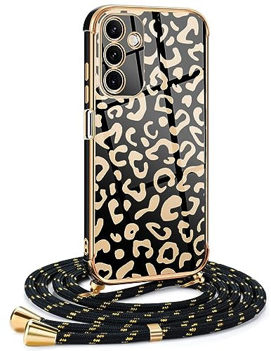 Mkej Coque pour Samsung Galaxy A13 5G/ A04S avec Cordon de Collier, Coque avec Cordon Motif léopard TPU Housse, Collier RéglableTéléphone Portable Lanyard Case Samsung A13 5G/ A04S, Or Noir