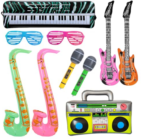 Aufblasbare Instrumente, 10 Stück Aufblasbare Rock Star Toy Set, Aufblasbare Radio 80er, Aufblasbare Saxophon Mikrofon Keyboard Luftgitarren Luftballons, Jalousien Sonnenbrille für Party Deko