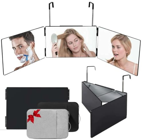 Miroir 360 degrés Coiffure Homme, Femme pour se Couper Les Cheveux Seul. Miroir Triple Portable pour Porte ou Coiffeuse. Hauteur Réglable. Miroir 3 Faces Pliable pour barbier, Coiffeur. sans LED