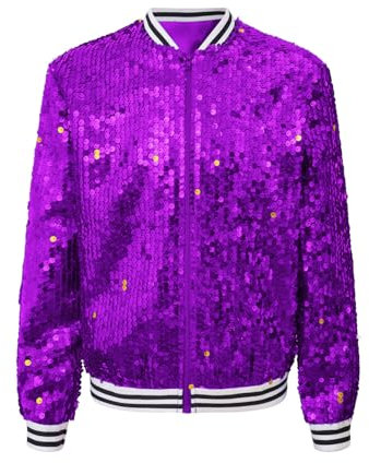 Alvivi Kinder Pailletten Jacke Jungen Mädchen Glitzer Baseball Jacke Langarm Sweatjacke Mantel Jazz Hip Hop Disco Party Tanzkostüm Lila 110-116