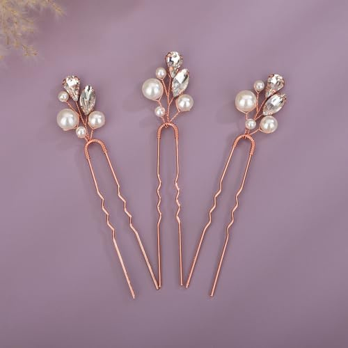 Teyglen Forcine per capelli da sposa con cristalli, forcine per capelli con perle, accessori per capelli da sposa, con strass e perle, accessorio per capelli da sposa, per donne e ragazze (oro rosa)