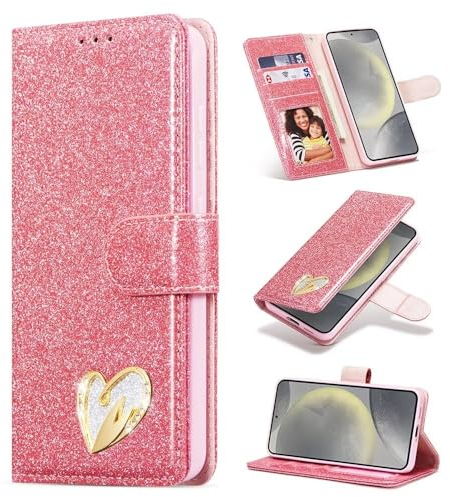 SEHEYA für iPhone 14 Plus Klapp-Handy Hülle Rosa PU Leder Glitzer Herz Diamond Design Mädchen Handyhülle Flip Brieftasche Kartenslots Schutzhülle für iPhone 14 Plus