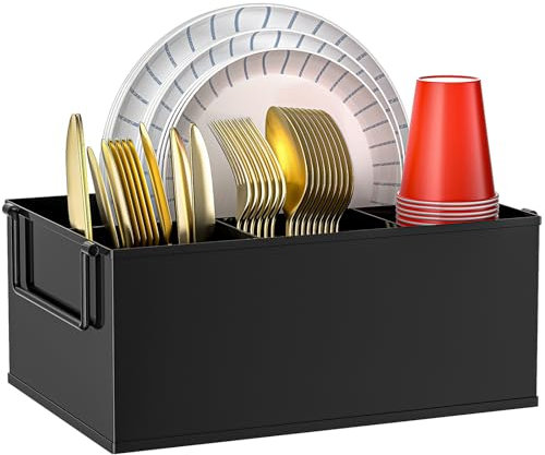 NelyBet Paper Plate Holder Reusable - Outdoor Utensil Caddy with Dual Handles, Ideal Silverware Holder for Party, Camping Organizer, Scratch-Proof Bottom Pads, and Easy-to-Clean, Balck