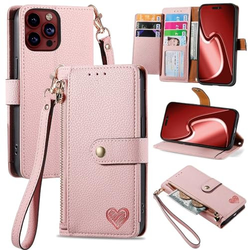 Beajew Custodia Compatibile con iPhone 6/6S, con chiusura lampo Funzione Stand scomparti [Magnetica] [Antiurto] Pelle portafoglio Cover, [RFID Blocking] TPU Antiurto Flip Cover Libro- Rosa
