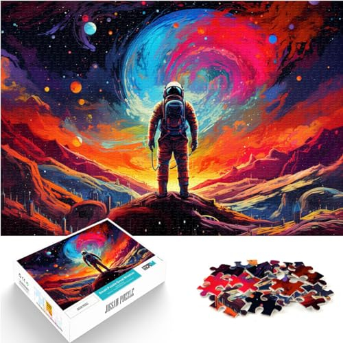 Puzzle für Astronauten, der in Einer farbenfrohen Galaxie Steht. 1000-teiliges Holzpuzzle, ganze Familie (50 x 75 cm)