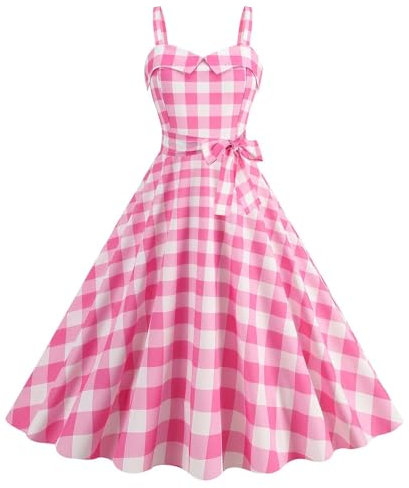 MaNMaNing Vestito Cerimonia Donna Abito Vintage con Cintura e Stampa a Quadretti sul, Sexy, Rosa, Senza Spalline (Pink, S)