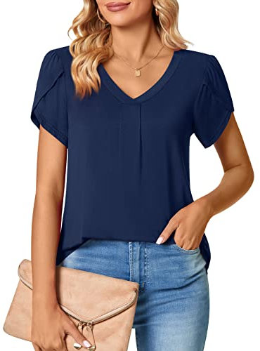 Bestbee Womens Short Sleeve Tops, Ladies Summer Tops Cute V Neck Shirts Casual T-Shirts Loose Fit Blouses, Navy Blue, L