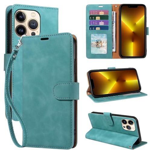 GOTOURED for iPhone 13 Pro Phone Case Wallet, RFID Blocking 4 Card Slots, Wrist Strap, Kickstand, Magnetic Closure, Shockproof Protective Soft Leather Flip Cover (Green)