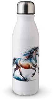 MAXIKIWI - Einwandige Wasserflasche mit Schraubverschluss, nicht isoliert, leichtes Aluminium, BPA-frei, auslaufsicher, Wasserfarben-Pferde-Motiv, 3–500 ml