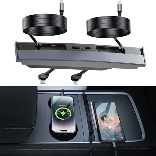 Uxcer USB Hub for Tesla Model 3/Y 2021-2025, Fast Charger 4-in-1 Center Console Docking Station with Retractable Cable for Tesla Interior Accessorie (Not fit Model 3 2024 2025)