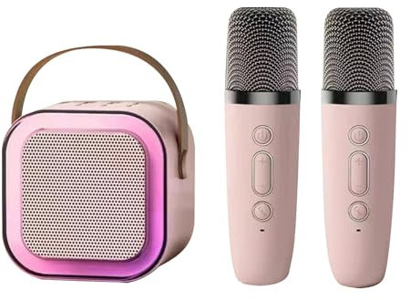 Adult and Kids Karaoke Machines, Mini Portable Bluetooth Speaker with 2 Wireless Microphone, Karaoke Microphones Wireless Family KTV Set, Portable Bluetooth Speaker with LED Lights (Pink)
