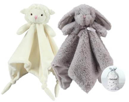 CREVENT Plüsch-Schmusedecken, weich, mit Tiergesichtsmotiv für Jungen und Mädchen, tolles Geschenk für Geburtstag, Babyparty (Schaf + Hase), 2 Stück