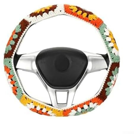 Niedliche gehäkelte Sonnenblumen-Lenkradabdeckung, Vintage-Boho-Auto-Innenzubehör, Dekoration für 35,6-38,1 cm Lenkrad