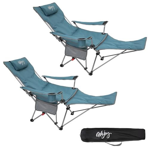 #WEJOY 2-in-1 Campingstuhl Faltbar mit Fußstütze, Gepolstert Liegestuhl mit Verstellbarer Rückenlehne, Relaxsessel Liege mit Getränkehalter, Liegestuhl für Outdoor Camping Cyan 2er Set