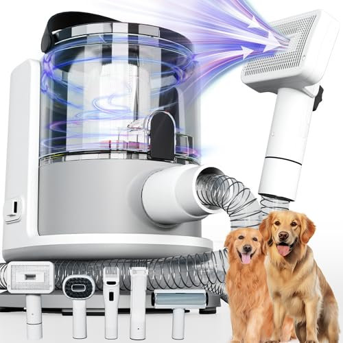 FOTING Aspirateur de toilettage 5 en 1 pour chien, tondeuse pour chien 12 000 Pa et brosse à perte, outils de nettoyage pour animaux domestiques, 2 niveaux d'aspiration