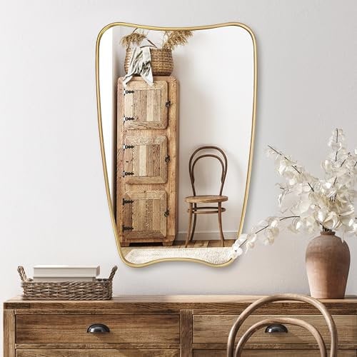 PERFNIQUE Gold Bathroom Mirror Irregular Wall Mirrors, 81 x 55 cm Wood Framed Mirror, Decorative Vintage Mirror, Modern Vanity Mirror for Over Sink Bathroom Living Room Entryway, Modern Wall Decor