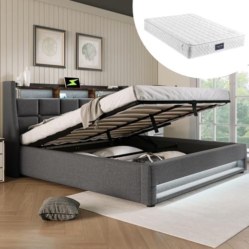 Huayz Polsterbett 140x200, LED Doppelbett mit Stauraum und Lattenrost, Kopfteil mit Staufach und USB-Ladefunktion, Hydraulisch Stauraumbett Rückenlehne, Mit Matratze (Grau, 140×200cm - Mit Matratze)