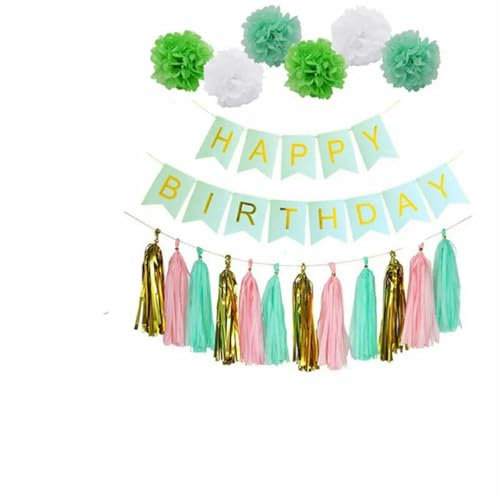 Alles Gute zum Geburtstag, Seidenpapier-Quasten-Girlanden-Set, mehrfarbiges Pompom-Blumenbanner für Geburtstagsfeier, Babyparty, Hängedekoration, T05
