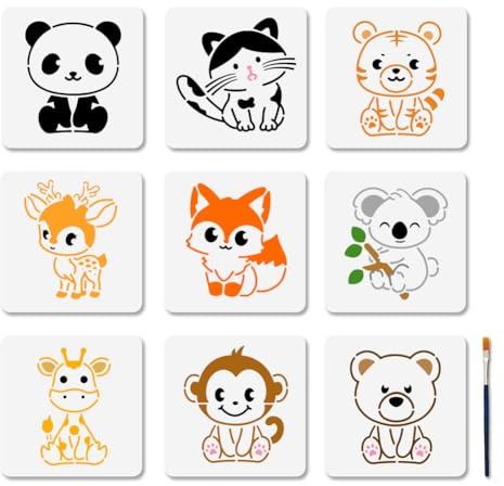 MAYJOYDIY 9 Stil Cartoon Tier Schablonen 20 × 20cm Kleine Tier Schablone Zum Basteln Süße Panda Fuchs Und Katzen Malvorlagen Mit Pinsel Für Boden Wand Fliesen Stoff Und Möbeldekoration