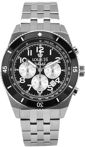 LOUIS XVI Destrier 3220 - Ø 43 mm - Herren Uhr - Chronograph - Wasserdicht - Armband Silber - Zifferblatt Schwarz