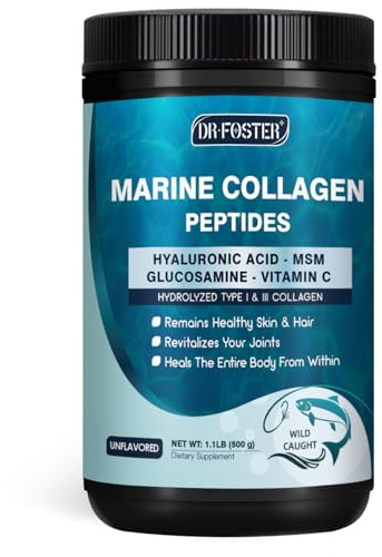 DRFOSTER Marine Collagen Peptides Powder with MSM + GC, Multi Type I & III Collagen with Hyaluronic Acid, Vitamin C & E for Skin, Hair & Nails, Wild-Caught Fish, 50 Servings