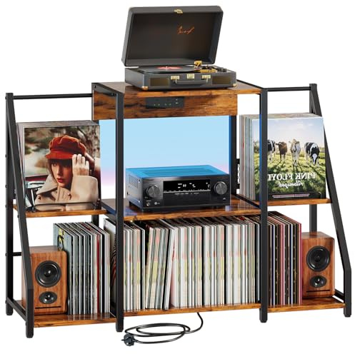 HavenlyYouth Large Record Player Stand, Vintage Turntable Table with Built-in Power Outlet and RGB LED Lights, Display Shelf for 300 Vinyl Records, Stylish Audio Cabinet for Living Room, Bedroom