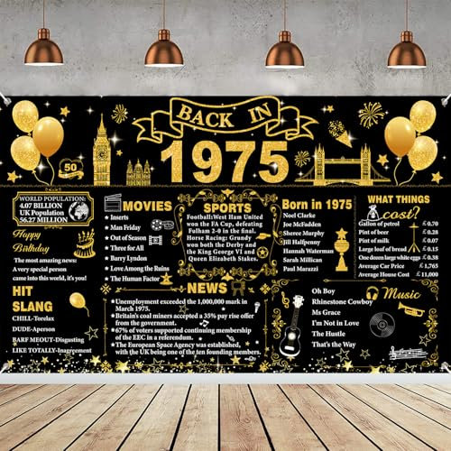 50th Birthday Decorations Black Gold, Back in 1975 Poster UK Happy 50th Birthday Decorations, Large Back in 1975 Backdrop Banner, 50 Years Anniversary Home Decor for Women Men