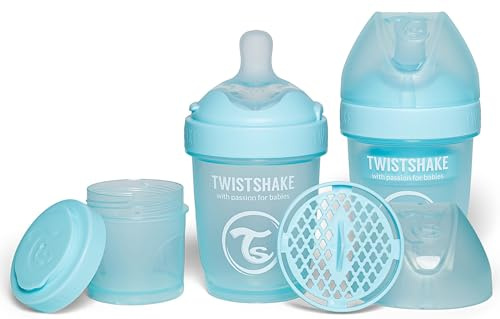 Twistshake 2x Pro Double Biberon Anti-Coliques avec Récipient à Lait en Poudre - 180 ml | Mamelon en Silicone à Débit Lent | Biberon de Lait pour Bébé sans BPA | Convient aux Nouveau-Nés (0+) | Bleu