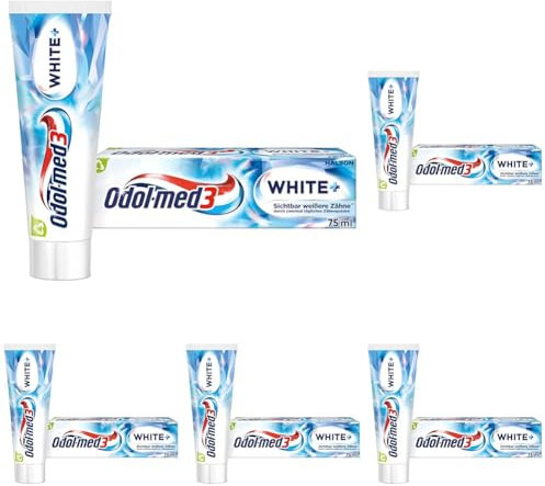 Odol-med3 White+ Zahnpasta, klinisch getestete Fluorid-Zahncreme für sichtbar weißere Zähne**, 75ml (Packung mit 5)