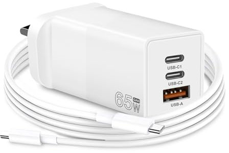 65W USB C to C GAN Fast Charger 3-port Compatible with Mac Book Pro,Air,Len ovo Asus,A cer,Dell,H P Laptop,charging for i Phone 16 15 14 Series,i Pad Pro Air,Galaxy S22/S21,Type C Wall Power Adapter