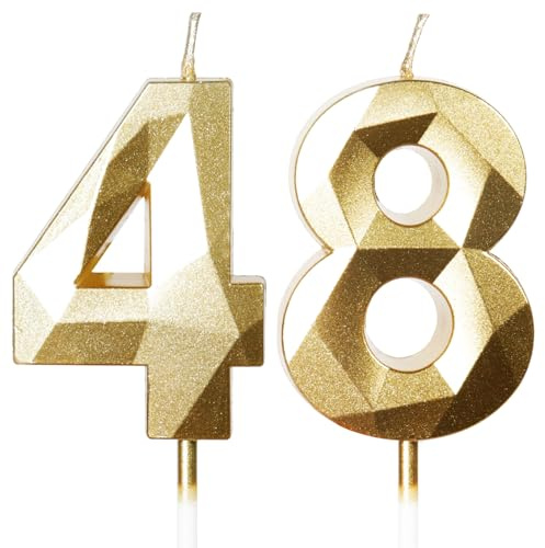 Yiran Gold 48th Birthday Candles, Gold Number 48 Happy Birthday Candles, Cake Topper Decorations for Birthday Party, Wedding Anniversary Celebration Supply