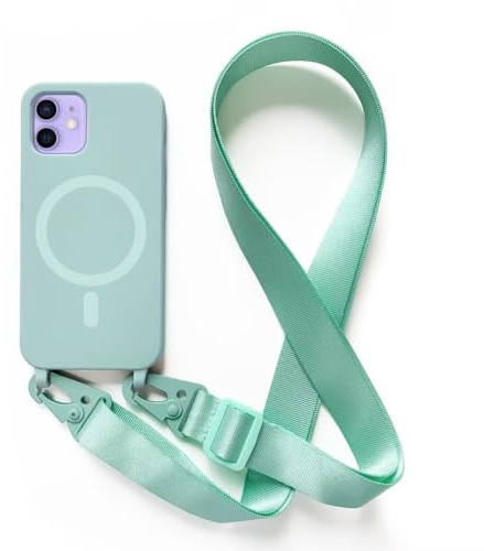 2NSPDRGNI Magnétique Coque avec Collier Compatible avec iPhone 12/12 Pro,Tour de Cou Lanière en Corde Pendentif Housse,Menthe Verte