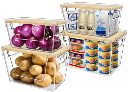 4er Klar Kühlschrank Organizer Stapelbar, Aufbewahrungsbox Küche Organizer | mit Deckel und Griffen, Speisekammer Vorratsbehälter Aufbewahrungsbox, Durchsichtig Behälter für Kühlschrank, Küche, Schränke