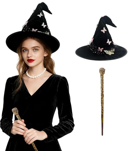 Chapeau de Sorcière Papillon, Baguette Magique Fabriquée à La Main en Cristal ,avec Vignes, Accessoires Magiques pour Halloween, Convient aux Déguisements d'Halloween pour enfants et Adultes - violet