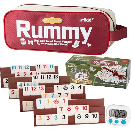 Smilejoy Rummy Cube 4-Spieler-Edition, Reise-Rommé-Spielset in voller Größe, mit tragbarer Canvas-Reisetasche, klassisches Brettspiel für Erwachsene und Kinder | 106 Spielsteine | 4 Spielständer | 1