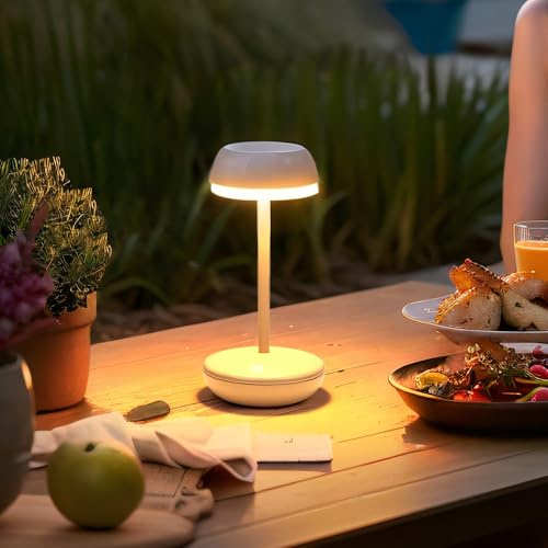 Cordless Outdoor Table Lamp,Rechargeable Restaurant Table Light,Battery 2200mAh,Waterproof,Portable LED Patio Table Lamp,Touch Dimmer 3 Colors,Aluminium,Warm White,Garden,Café,Party,Hotel,Matt Cream