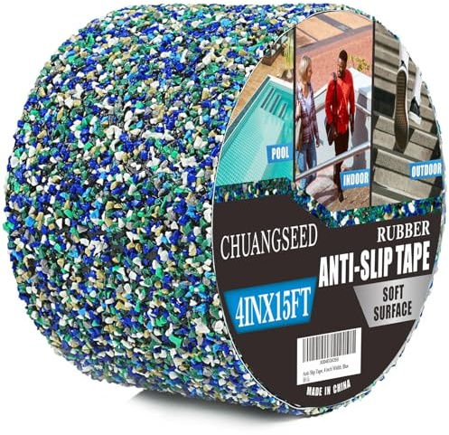 CHUANGSEED Anti Slip Tape for stair and pool,4Inch x 15Feet,Ruban antidérapant bleue,Ruban adhésif antidérapant pour escaliers,piscine,marches,Sol,Bandes antidérapant avec grains de caoutchouc colorés