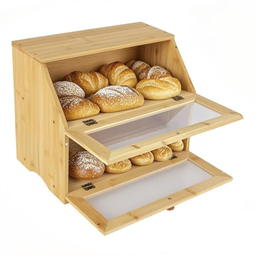 CHZIMADE Bambus Brotkasten 2 Etagen Brotbehälter lebensmittelecht Brotaufbewahrung Bambus Brotkasten mit Schublade 39x25x32cm