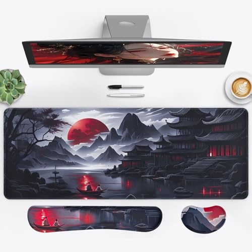 3-in-1 Large Gaming Mouse Pad, Anime Mouse Pad & Keyboard Wrist Rest Support, Memory Foam Ergonomic, Japanese Red Moon Desk Mat for Home Office Study Game, 31.5 X 11.8 Inch
