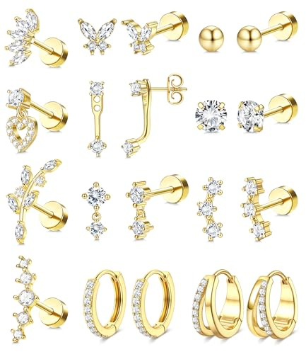 FIOROYAL Ohrringe Gold Set Damen Chirurgenstahl Hypoallergen Ohrstecker & Creolen Gold Silber für Helix Tragus Conch Rook Piercing Ohrpiercing 20G Medizinische Ohrstecker Mehrfachpiercing Schmuck G