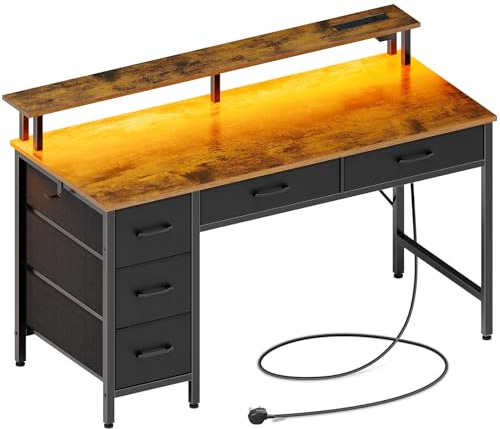 Seventable Computertisch mit Steckdosen & LED-Beleuchtung, 120cm Gaming Schreibtisch mit 5 Schubladen, Gaming Tisch mit Monitorständer, fürs Büro, Arbeitszimmer, Schlafzimmer, Wohnzimmer, vintagebraun