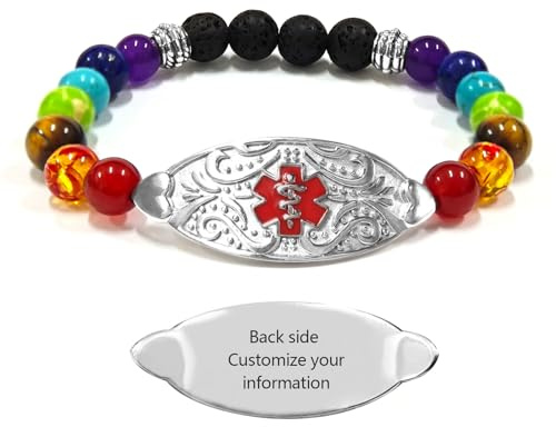 AITENME Personalisierte Medizinische Alert ID Armband für Damen 7 Chakra Armband für Herren Medical SOS Notfallarmband Gesundheitsarmband Einstellbar Edelstahl