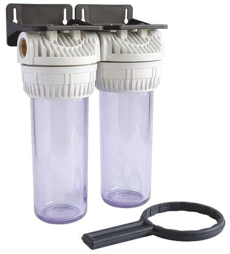 AQUAWATER - Station Double Filtre 107223 - Dimension Standard 9''3/4 - Pour Traitement d'Eau - Équerre de Fixation et Clé de Desserrage Incluses - Blanc - Ø9.75 x 25 cm - Débit Max 1.5 m3/h